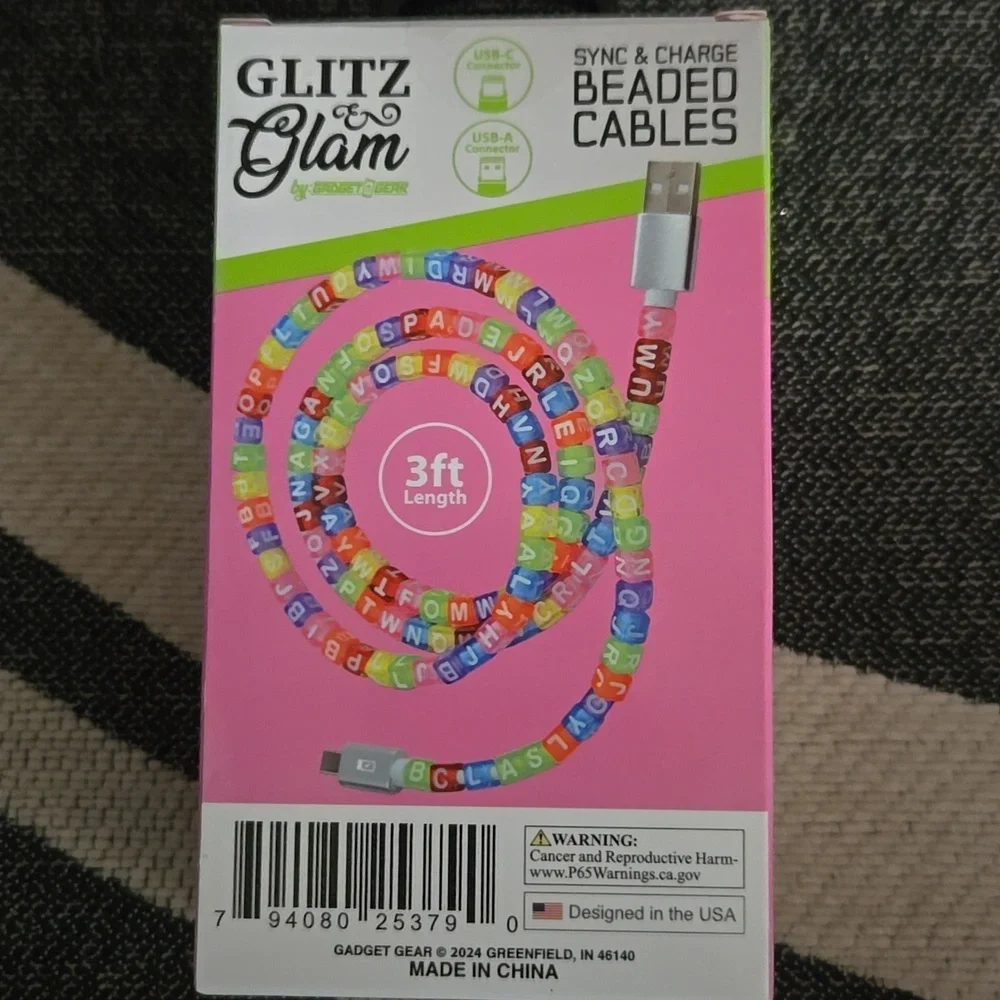 Glitz & Glam 3ft Power Charging Cable USB-C ConnectorUSB-AComnector 2.4 ampshp🔥